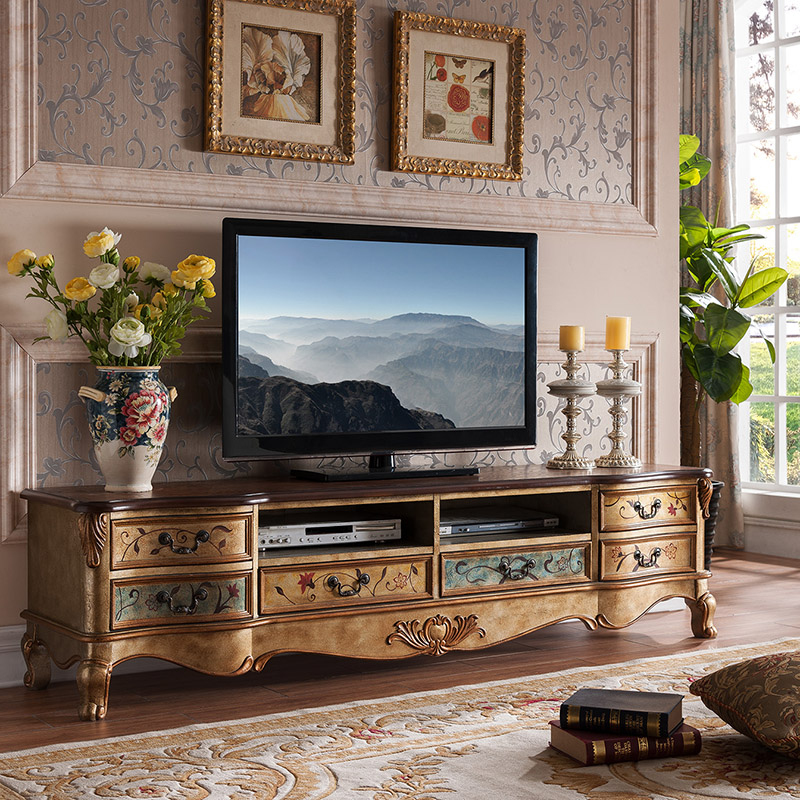 欧式电视柜 美式电视机柜矮柜 欧美成套家具 手工彩绘描金复古做旧