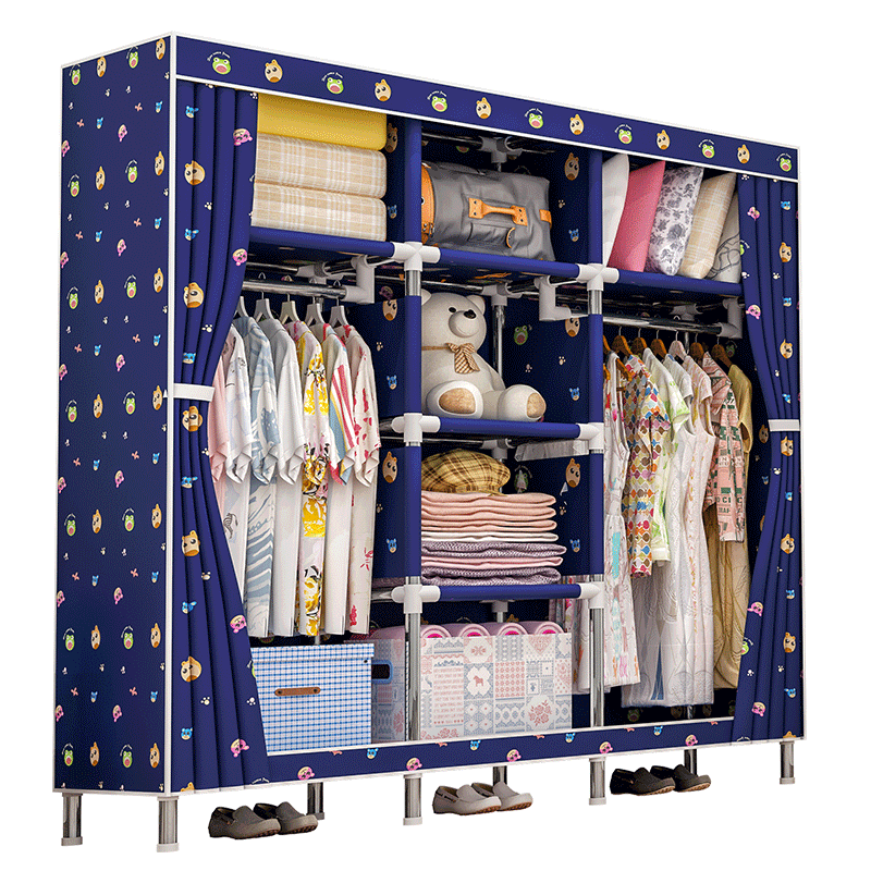 亚思特 布衣柜双人25MM钢管简易衣柜组装布艺宿舍衣服柜加粗加厚牛津布折叠衣橱 蓝底狗狗