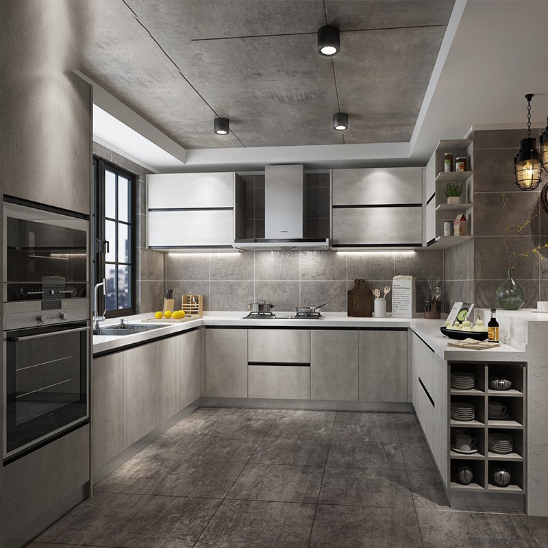 德国爱格门板橱柜现代简约整体橱柜定做水泥灰工业风厨房工厂直销 3米