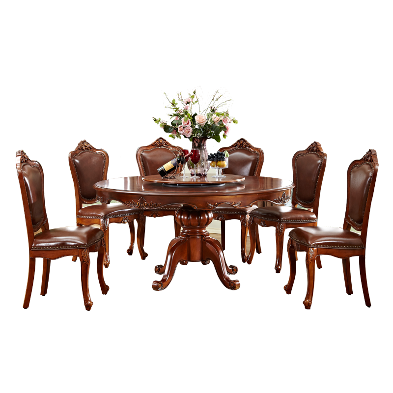 艾理思家具 餐桌 欧式实木餐桌 美式圆餐台带转盘 【尊享版】1桌6椅(餐桌1.6米)