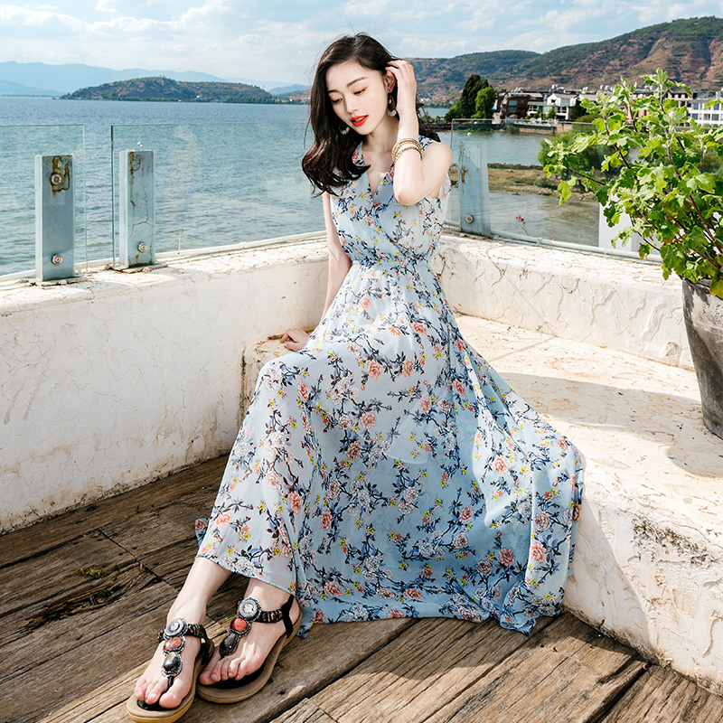 西子美丽心情夏季新款女装收腰温柔裙子超仙雪纺连衣裙女长裙海边度假