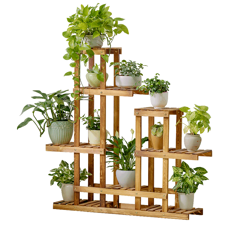 淘之良品 现代简约简易落地楠竹阳台花架客厅多层实木花盆架多肉折叠室内花架子可置物层架收纳架鱼缸架 003款【表面碳化+防腐】