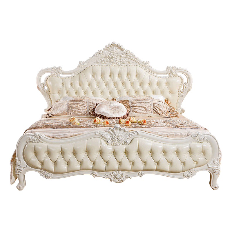 梦美斯宣 欧式古典卧室进口全实木双人真皮床结婚床排骨架手工雕刻带软靠白橡木套装 A08 一床两柜+650A乳胶床垫(排骨架款) 2.0mx2.2m