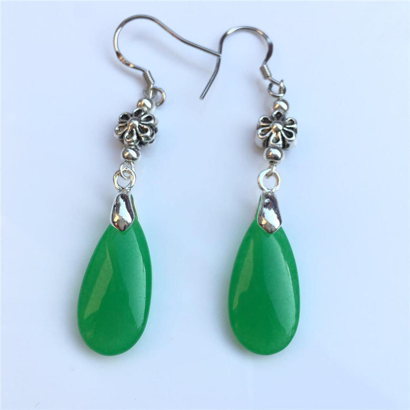 西璽 天然玉石耳環(huán)925銀平安扣水滴玉耳墜民族風(fēng)復(fù)古玉石耳飾 藏銀花朵水滴