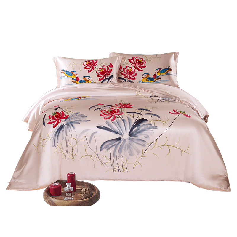 枕水人家100%桑蠶絲四件套結(jié)婚真絲寬邊手繪床單被套輕奢高級感床上用品 100%桑蠶絲 鴛鴦荷花 床單款 200X230(CM)