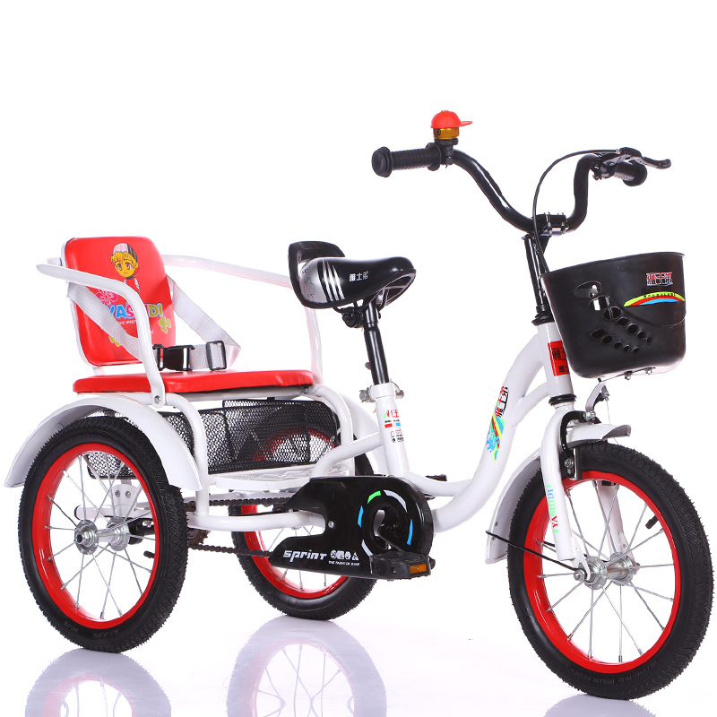 儿童三轮车脚踏带斗大号2-6-8岁双人充气轮胎 小孩宝自行车 白红１６寸