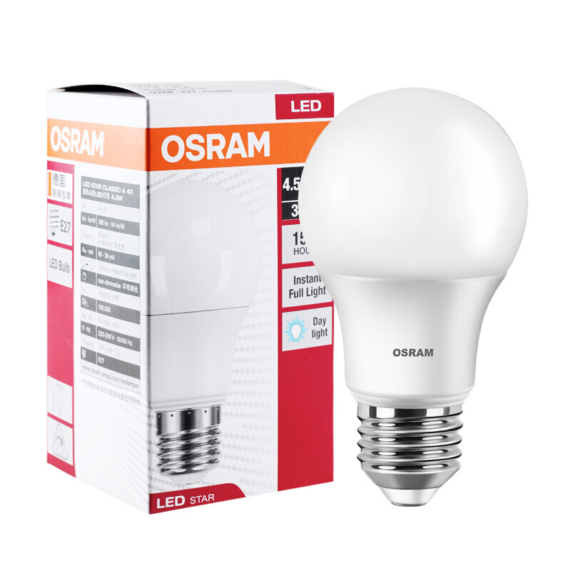 欧司朗（OSRAM）led灯泡 e27球泡家用照明节能灯 A型4.5W 日光色（白光）865 6500K