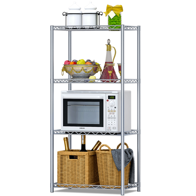 索尔诺 置物架 厨房客厅储物架阳台落地层架家用出租房宿舍浴室卫生间多层收纳架金属微波炉架子 Z4四层银灰色【宽56cm*高120cm】