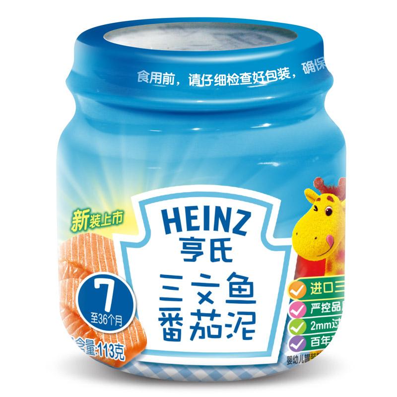 亨氏 (Heinz) 3段 婴幼儿辅食 宝宝零食 三文鱼番茄泥 婴儿肉泥辅食113g(7-36个月适用)