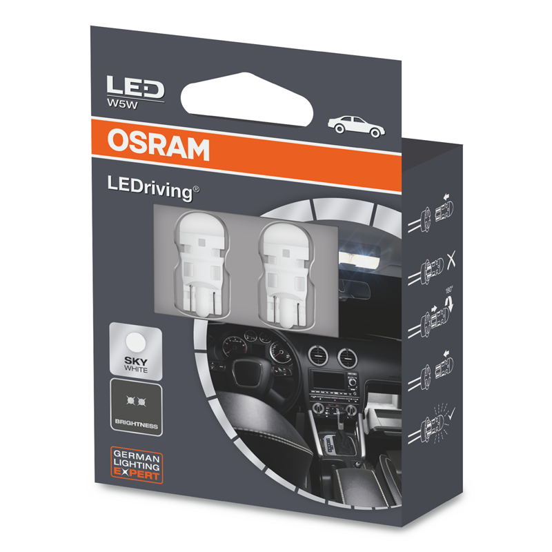 欧司朗(OSRAM) W5W/T10 LED车灯汽车灯泡示宽灯示廓灯日行指示灯2880SW带透镜【6700K白光 12V1W】(2支装)