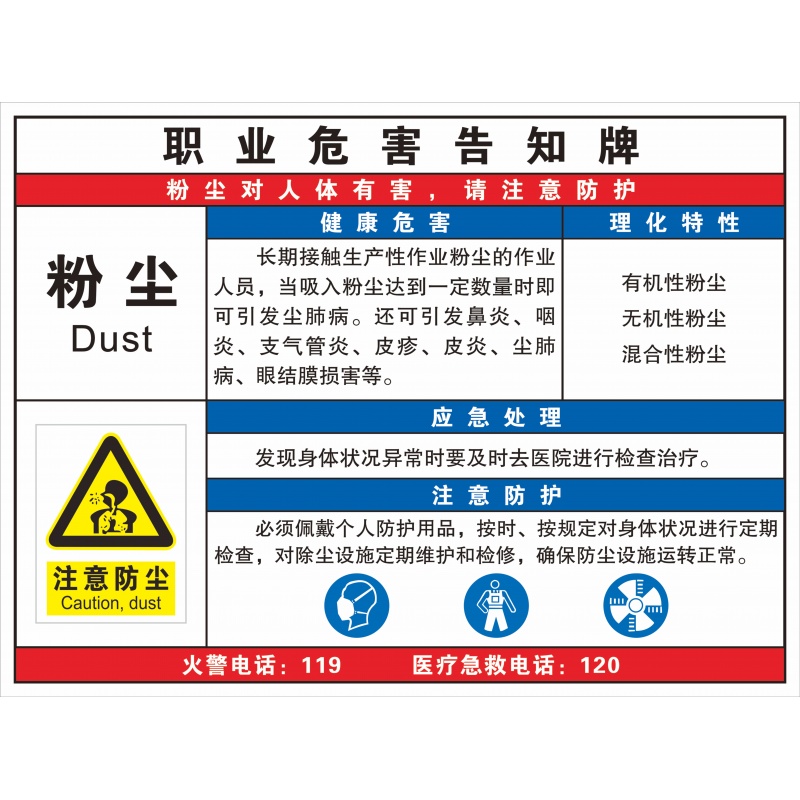 跃硕   当心粉尘小心注意职业病危害告知牌pvc标牌环保警示牌告知卡