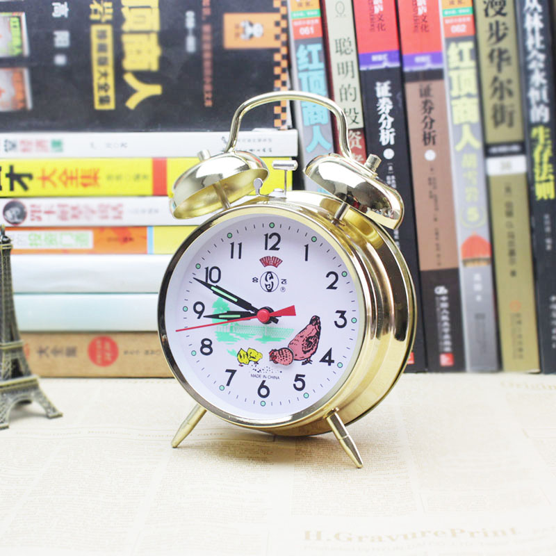 闹钟起床闹钟机械老式复古怀旧金属机芯手动上发条闹钟 中号金鸡吃米