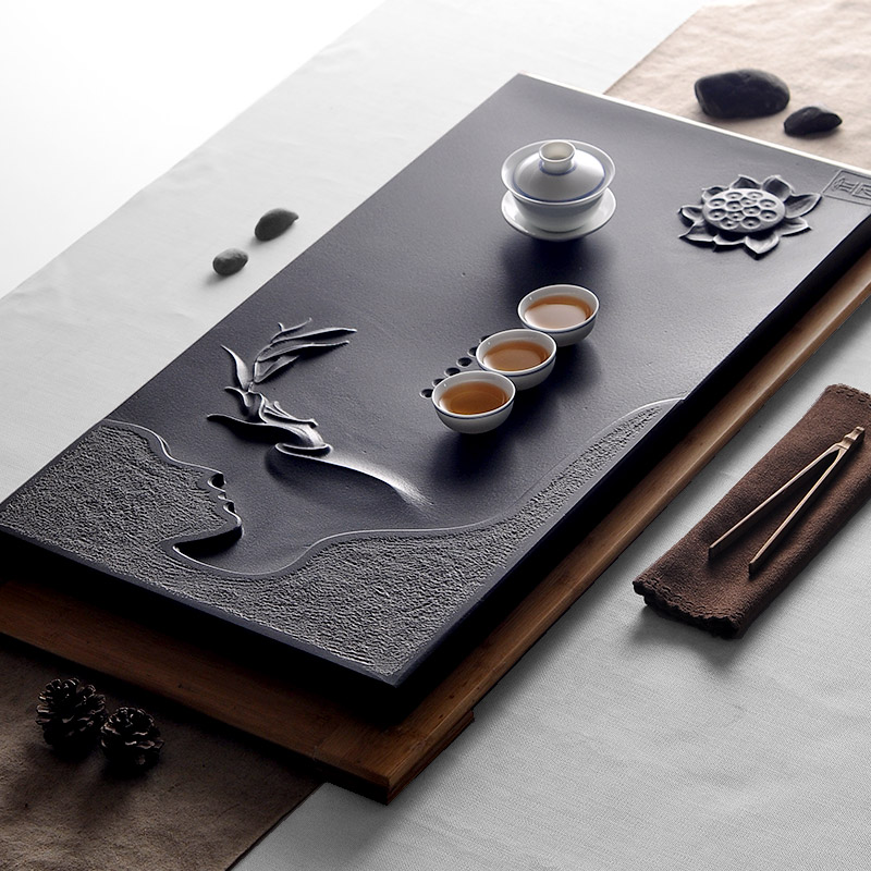 天然乌金石茶盘茶海茶台大号功夫整块黑金石茶托石头茶盘cp4197 心莲