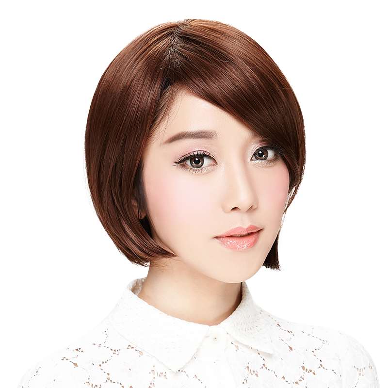 女 波波头短发斜刘海帅气bobo 时尚修脸假发套 #10亚麻色