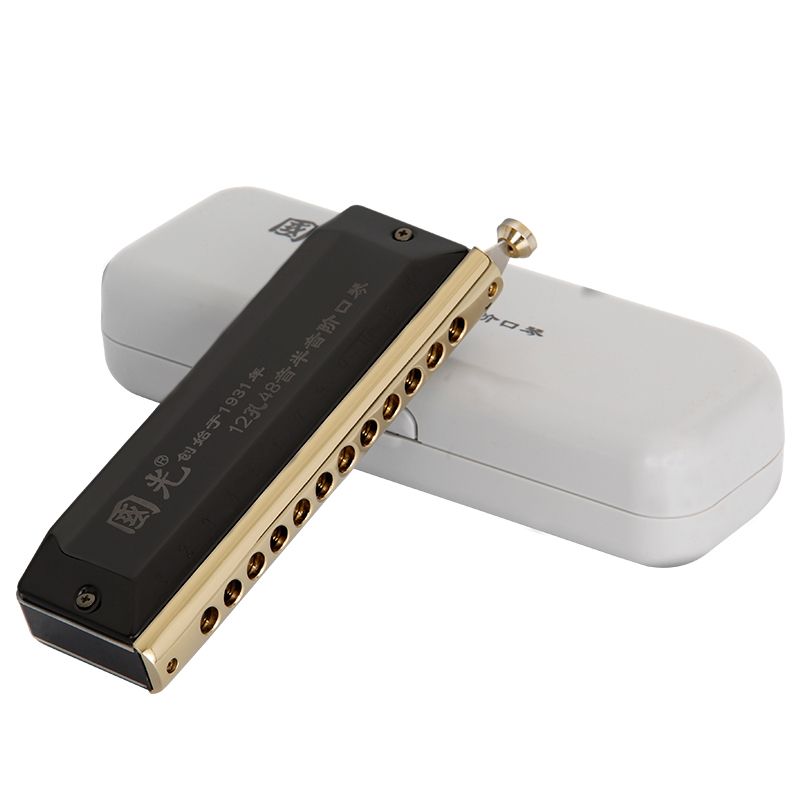 国光12孔48音半音阶口琴(黑色,圆吹口,树脂盒)