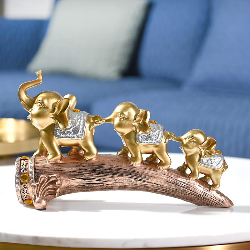 冰石美 创意欧式现代大象摆件工艺品客厅酒柜玄关卧室家居摆设工艺品办公室装饰品 金色三连象