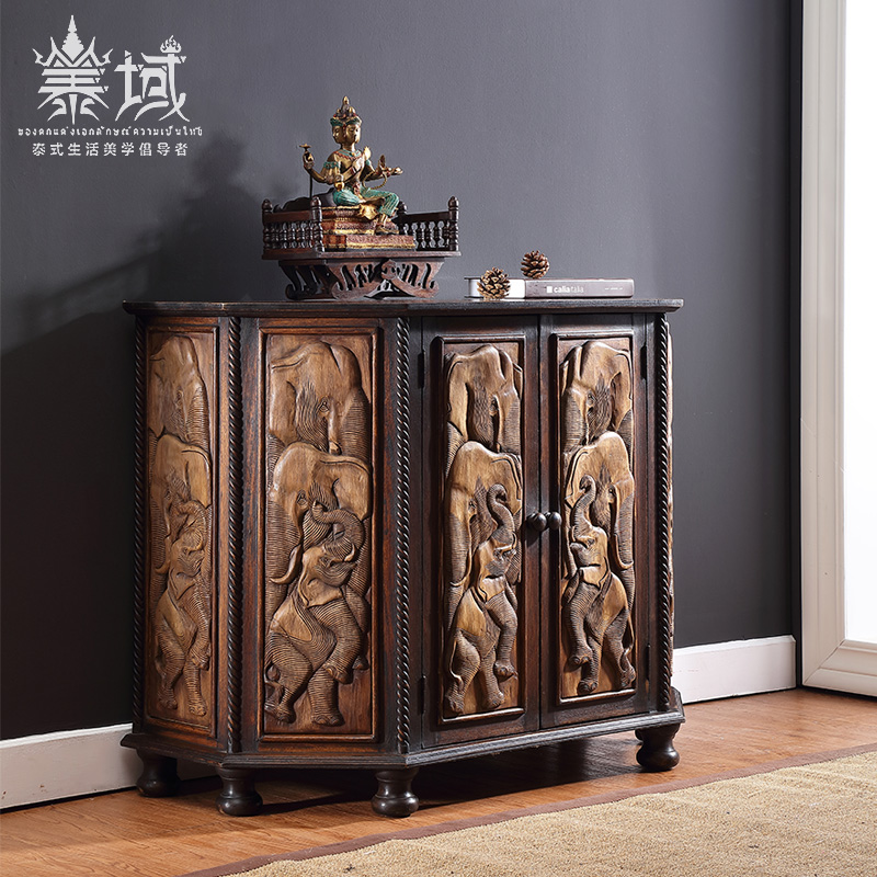 泰域 泰国进口实木储物柜家具浮雕大象玄关墙边柜酒店别墅装饰柜