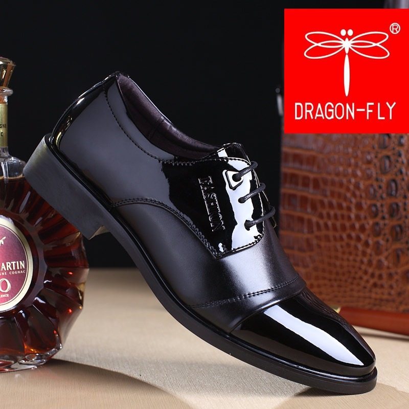 蜻蜓牌(dragon-fly)男士皮鞋正装系带商务休闲牛皮尖头增高皮鞋亮皮