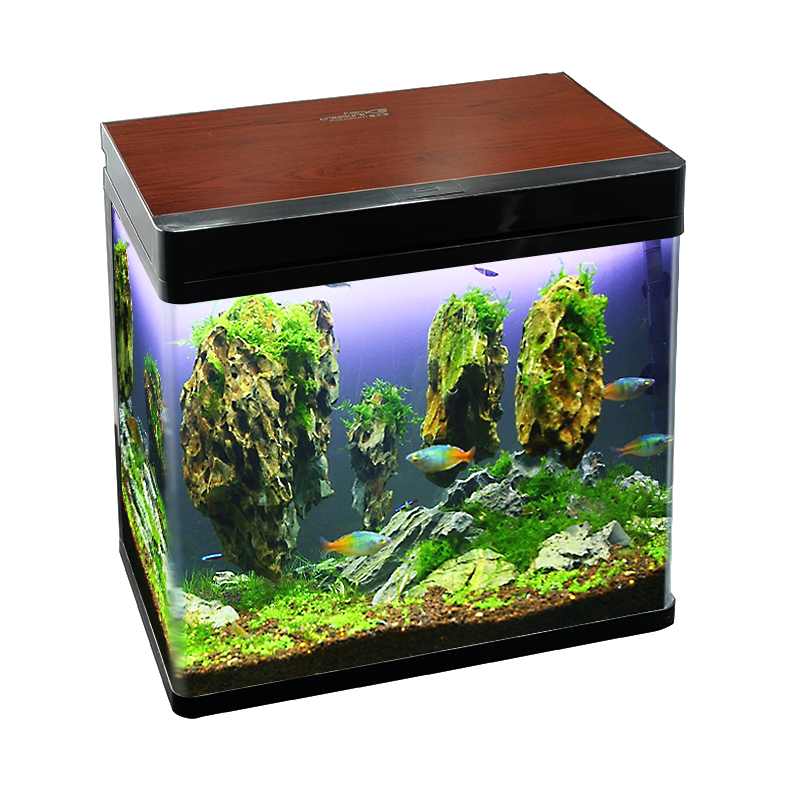 鱼之宝 小型桌面鱼缸高清玻璃缸体钢化玻璃盖面生态创意LED灯带过滤水族箱GT-4红木纹款 40.6*26.8*43.6cm