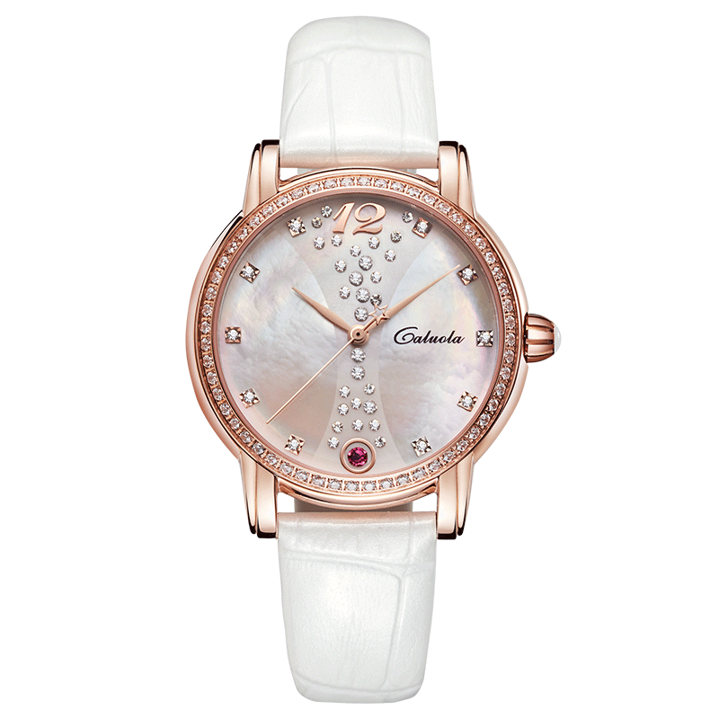 卡罗莱(caluola)石英女士手表镶钻真皮带女表休闲时尚女生石英腕表