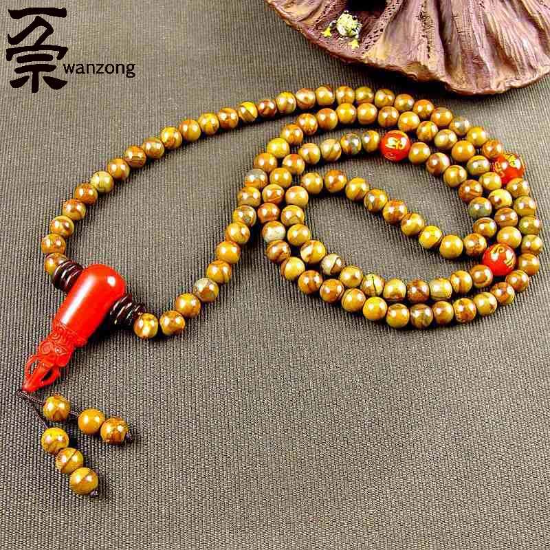 万宗6mm108颗女娲石佛珠手链男女竹叶石配金刚杵朱砂红玛瑙