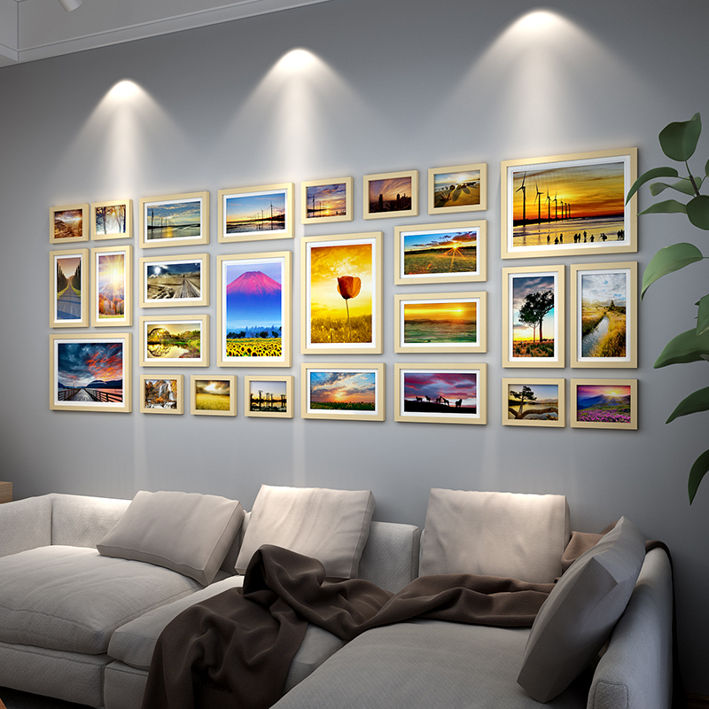 墙 创意欧式卧室相片墙 大尺寸相框墙组合挂画挂墙 木色相框 唯美风景