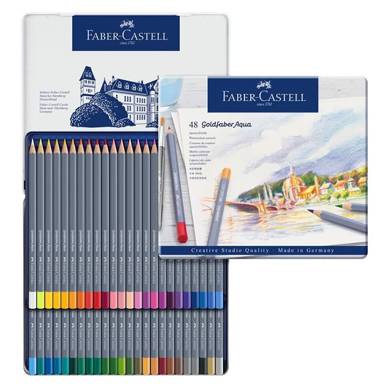 辉柏嘉（Faber-castell）彩铅48色水溶性彩铅彩色铅笔画笔套装绘画工具蓝铁盒装GoldfaberAqua114648美术生专用写生