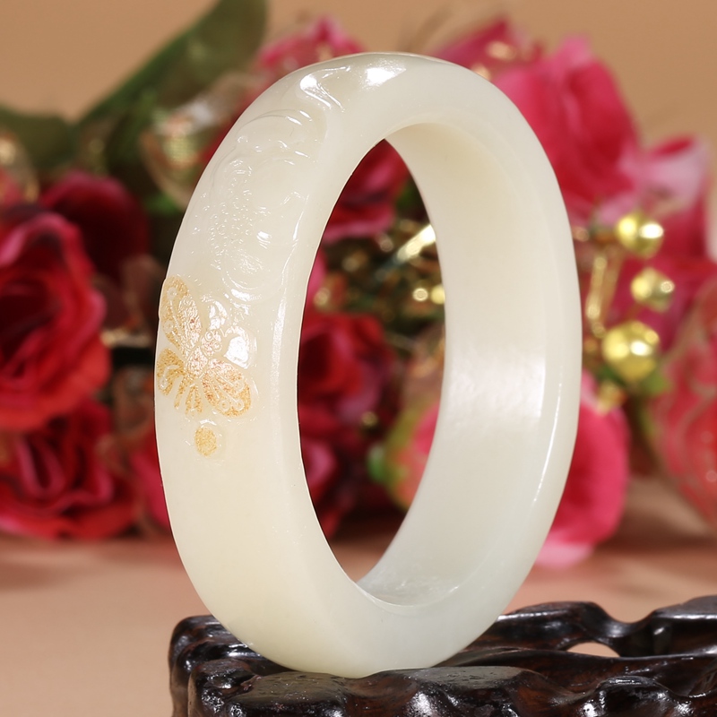 【珠宝严选】和田玉雕花花开富贵手镯女士玉石礼物内径54.6毫米72.