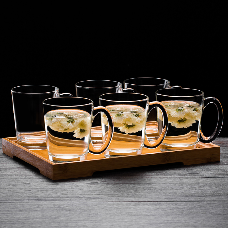 进口玻璃杯耐热水杯玻璃茶杯带把绿茶杯子套装家用办公微波炉杯 长把6个+杯盘
