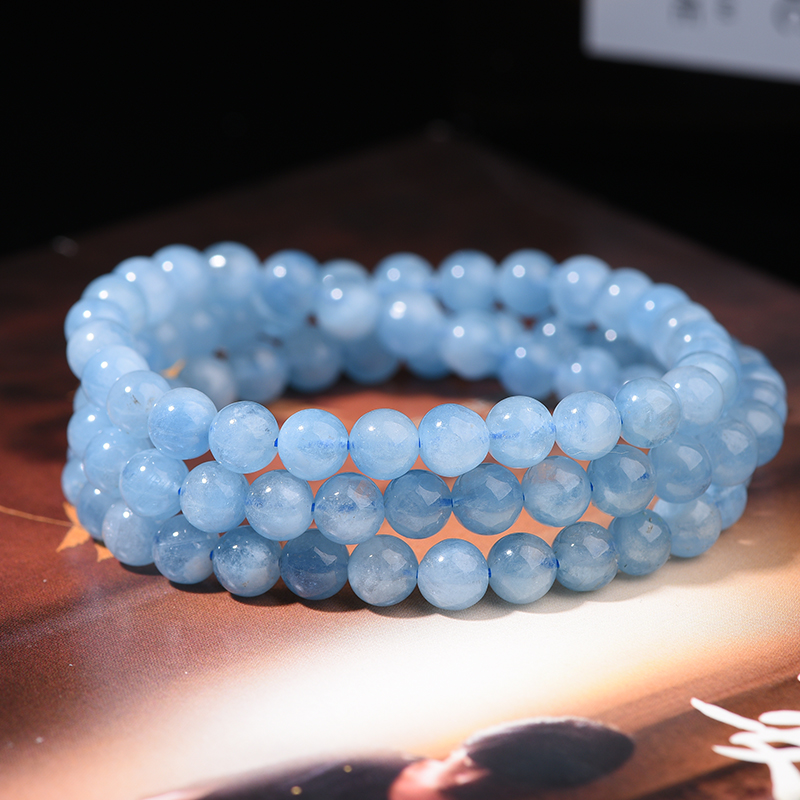 馨佑天然海蓝宝手链女天空蓝水晶手串多圈多层情侣饰品 3mm