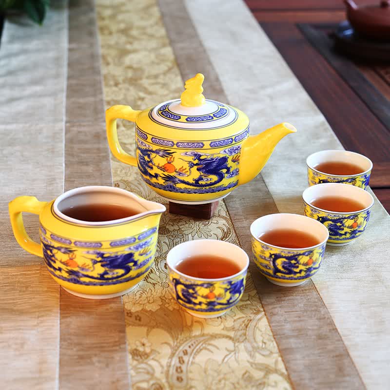 硅元陶瓷 茶具套装茶壶茶杯组合装 宴会礼瓷中华龙 釉中彩中国风象牙