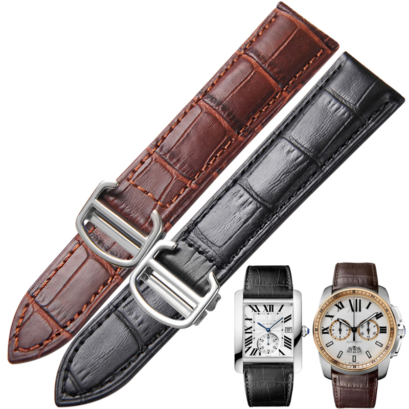 适用于卡地亚表带男真皮表带坦克表带伦敦表带配件 棕色银扣 16mm