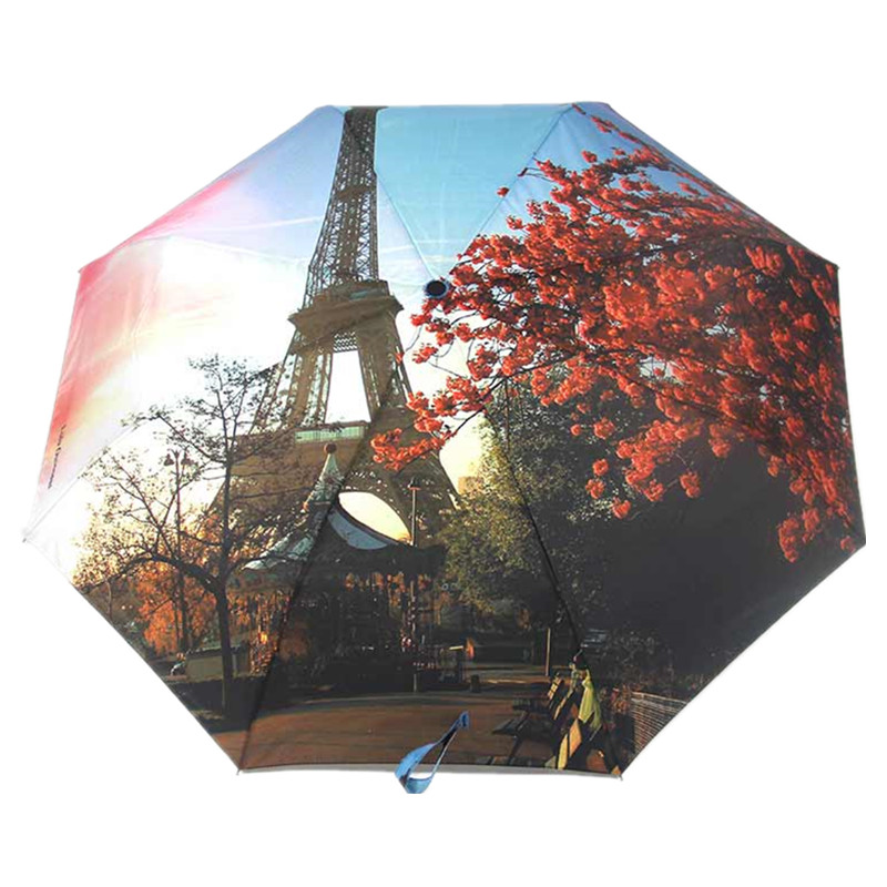 零时差全自动折叠晴雨伞黑胶防晒女士三折太阳伞创意油画伞 巴黎铁塔-黑胶款