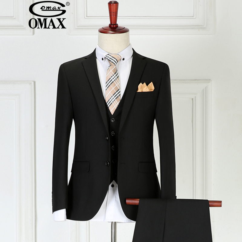 OMAX 西服套装男修身新款男士西装韩版结婚三件套商务休闲正装伴郎礼服 黑色两扣三件套 160/S（100斤左右）