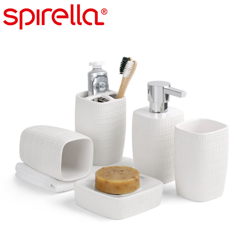 丝普瑞瑞士品牌SPIRELLA 欧式粗麻布纹浴室洗漱套装陶瓷卫浴五件套 Retro麻布纹五件套全白色