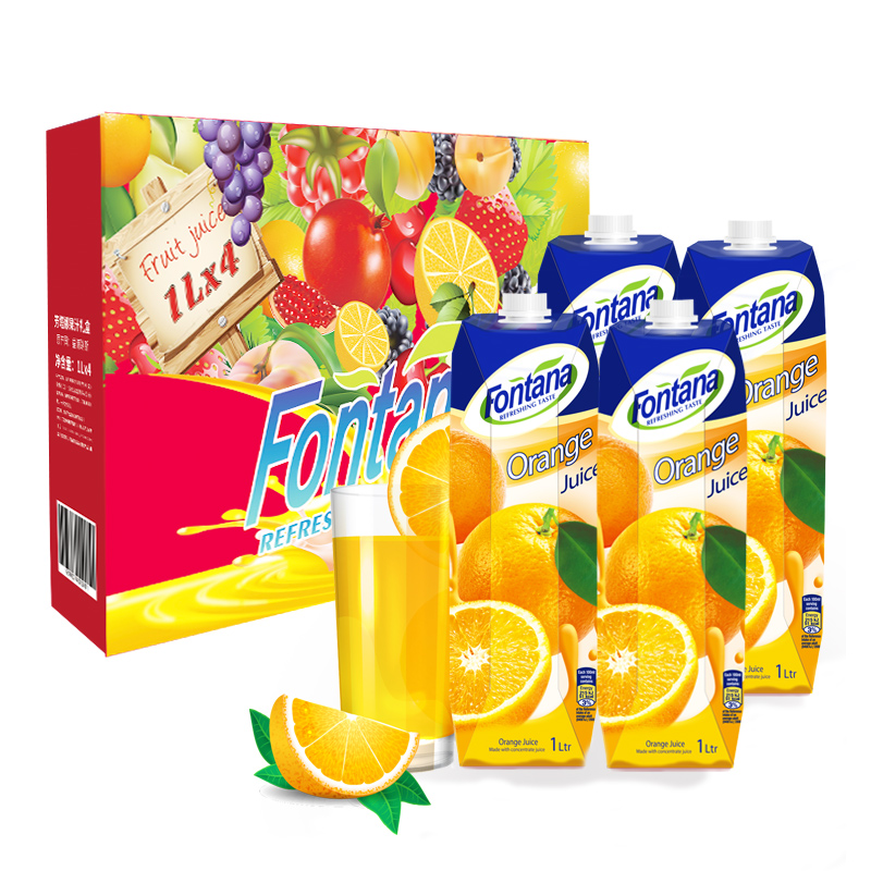 地中海塞浦路斯进口 芳塔娜（Fontana）橙汁100%纯果汁 1L*4瓶 果汁饮料 整箱 礼盒装
