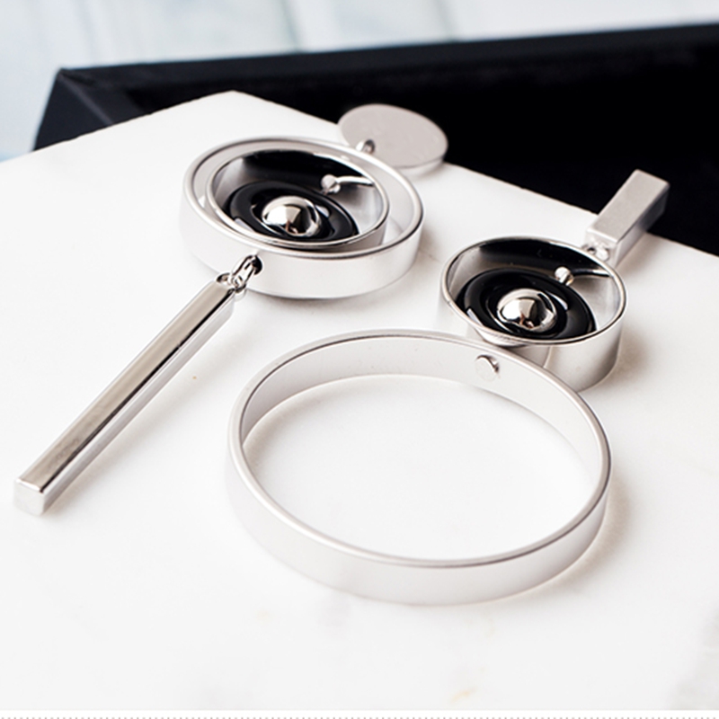 KRISTEN JUDI大圈圈耳环女银针不对称圆环耳钉几何时尚长款耳饰品个性夸张耳坠 白金色送女友老婆闺蜜生日礼物