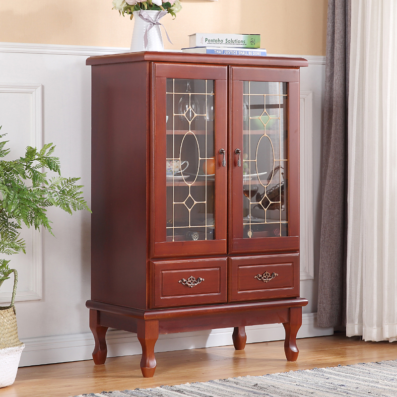 实木餐边柜 酒柜茶水柜客厅碗柜厨房柜餐柜边柜小酒柜玻璃柜欧式 棕
