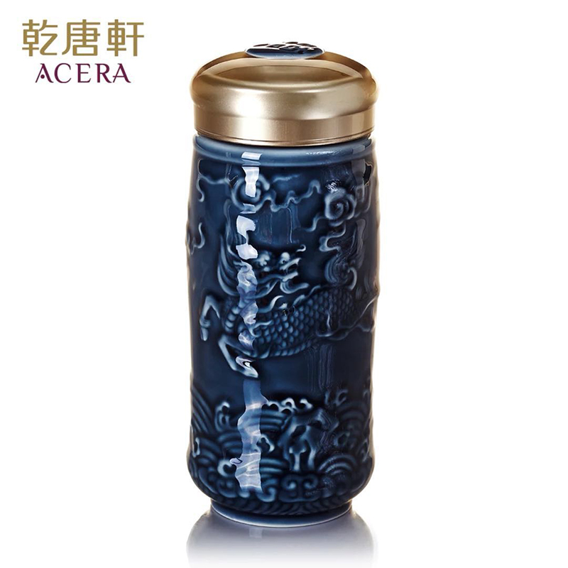 乾唐軒 【官方授權(quán)】活瓷杯大吉祥麒麟帶蓋水杯雙層隨身杯禮盒裝陶瓷杯 藍(lán)色