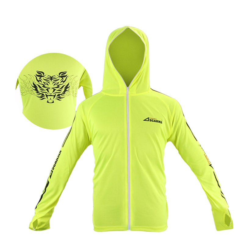 骑行透气速干钓鱼服夏季连帽遮脸垂钓防晒衣服加大码 全拉链荧光绿 m