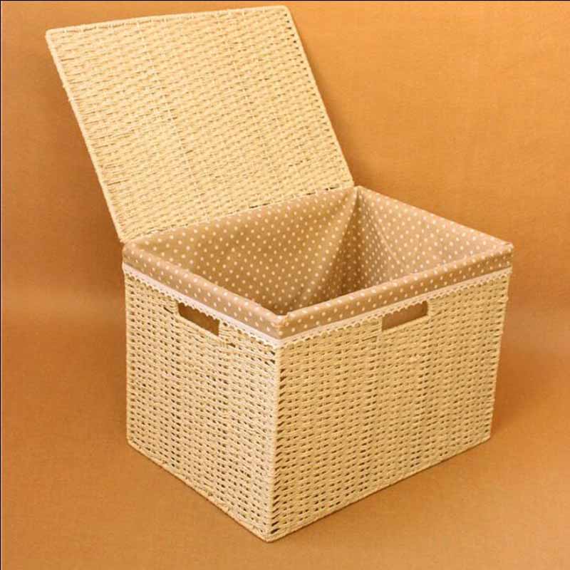 中掌柜草编带盖收纳箱加大号收纳筐有盖衣橱编织盒储物筐衣物衣服衣柜