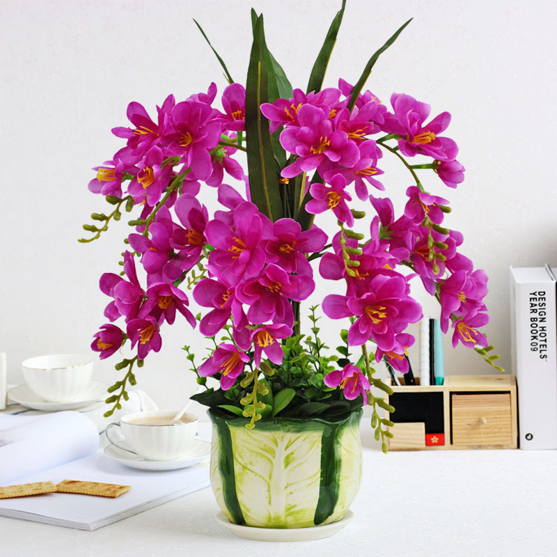 客厅室内塑料假花仿真餐桌摆件蝴蝶兰花瓶花艺