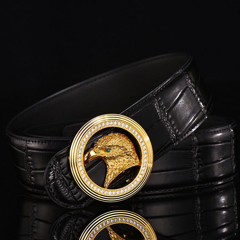 ditefamoo皮带男真皮鹰头镶钻扣鳄鱼纹平滑扣休闲h腰带男豹头青年纯