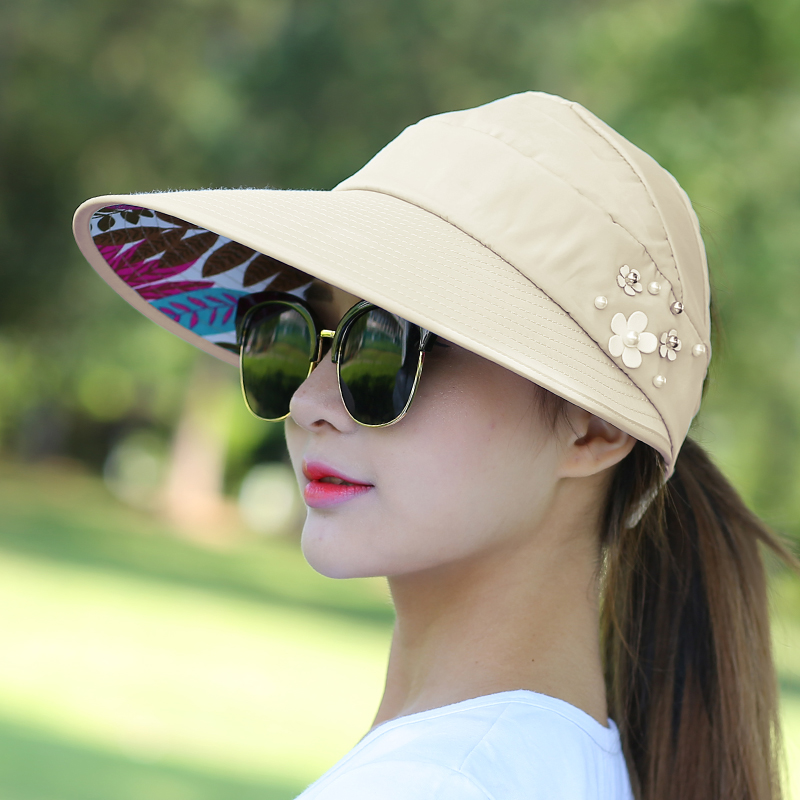艾莱客帽子女夏天可折叠遮阳帽百搭防紫外线太阳帽韩版春夏季休闲防晒帽 树叶珍珠-米色