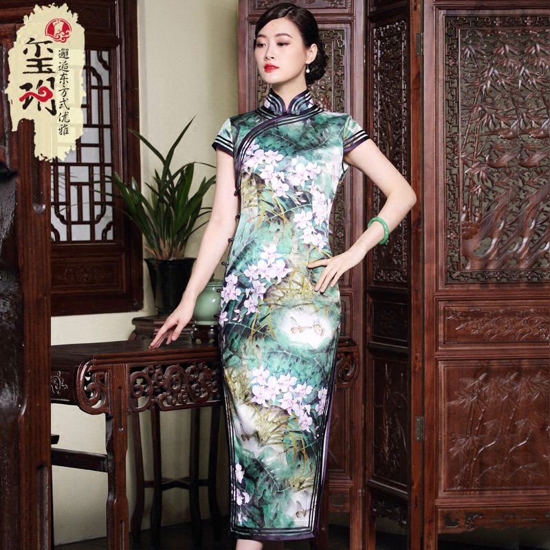 璽玥2025年春季新款重磅真絲長(cháng)款旗袍 優(yōu)雅復古絲綢印花女士連衣裙 花色 2XL (體重125~135)