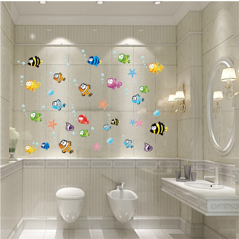 洗手间浴室卫生间瓷砖贴防水卧室儿童房卡通贴画玻璃贴 七彩大眼鱼 大