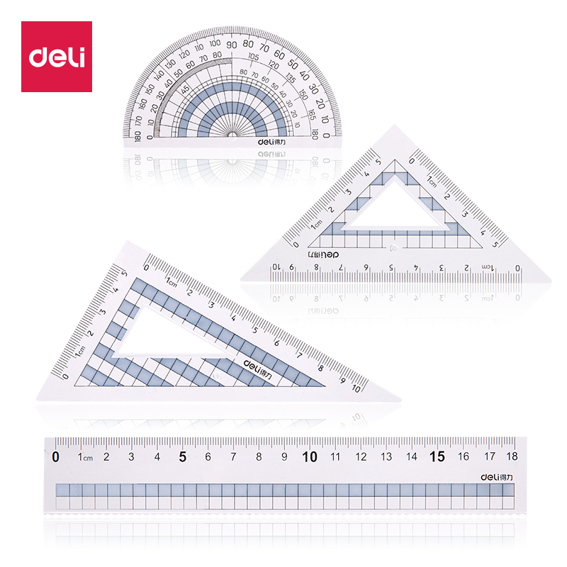 得力(deli)学生直尺三角尺量角器绘图组合套尺4件套 颜色随机71968