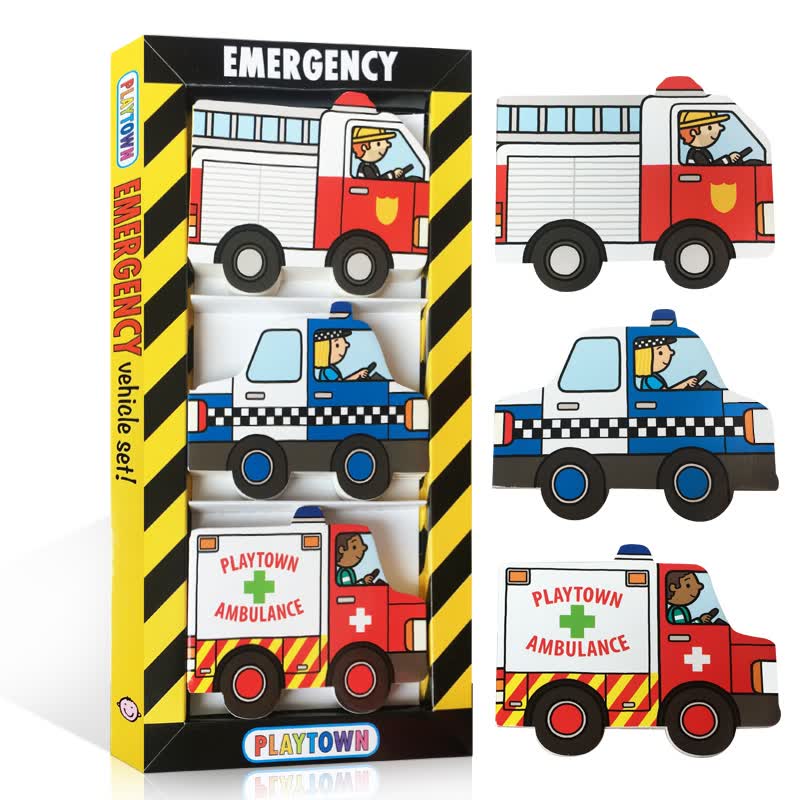 英文原版Playtown Emergency 交通工具消防车警车救护车 纸板书