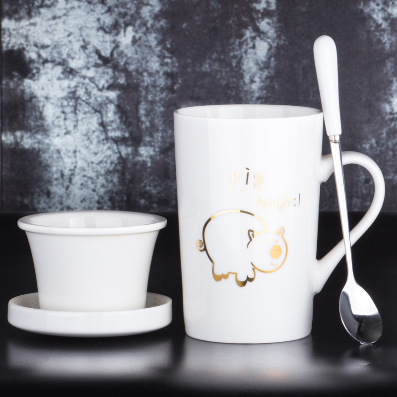 布丁瓷艺 创意生肖陶瓷杯带茶漏水杯 带盖勺咖啡杯办公室茶水分离泡茶杯子 憨厚的猪（白）