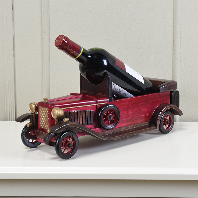 蒂拉创意红酒架复古实木老爷车模型木质葡萄酒架客厅玄关家居礼品装饰摆件 金典款酒红色